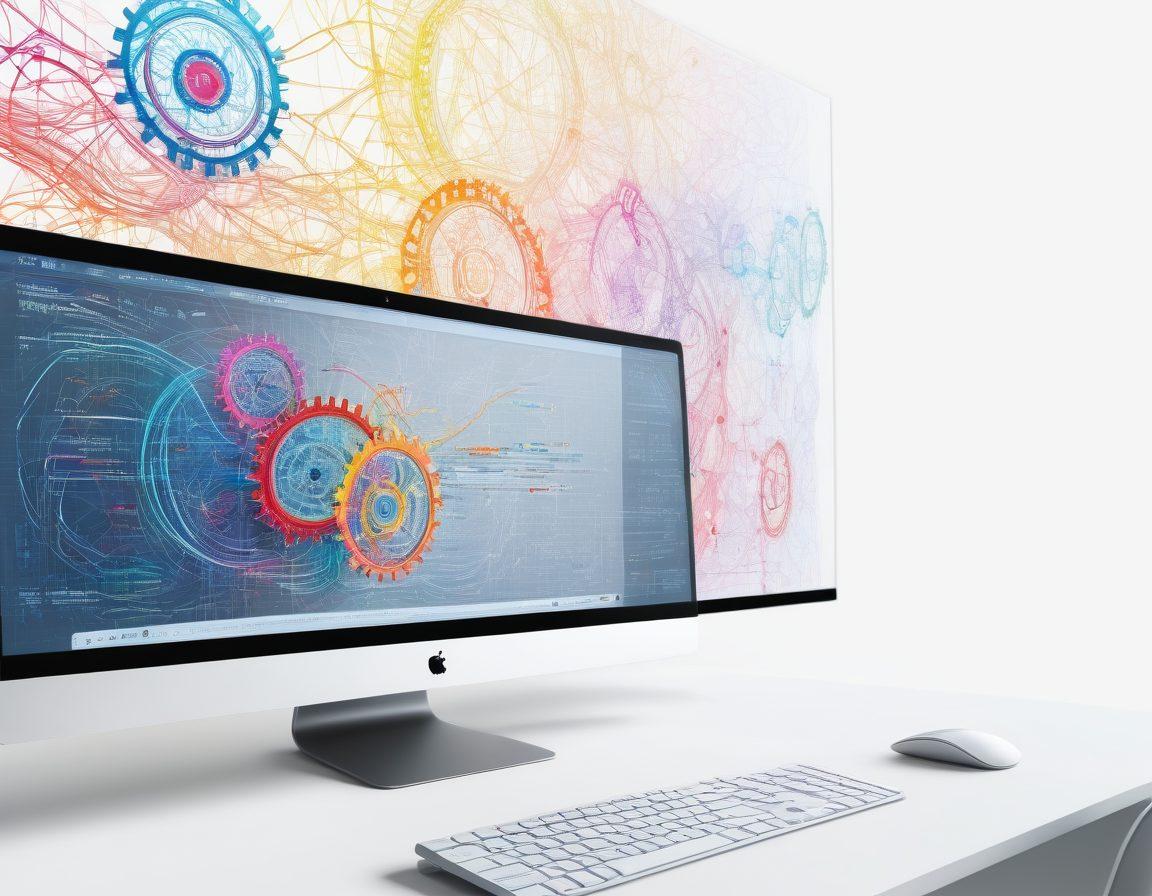 A dynamic workspace filled with colorful, flowing lines representing interactive connections made with jsPlumb, overlaid on computer screens displaying JavaScript code snippets. Include visual elements like gears and circuit patterns to symbolize technology and innovation. The setting should be bright and inspiring, showcasing a modern web development environment. super-realistic. vibrant colors. white background.