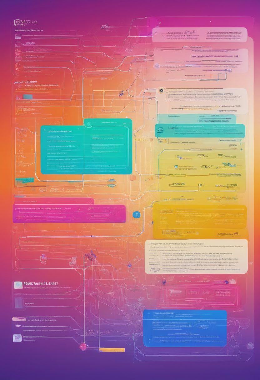 A visually vibrant web application interface showcasing drag-and-drop flowchart elements connected with colorful lines. Incorporate dynamic user interactions, where some elements are in motion to represent a lively environment of development. Include an abstract representation of coding lines or scripts in the background to symbolize JavaScript programming. The scene should radiate creativity and technology, drawing the viewer into the versatility of jsPlumb. vibrant colors. 3D.